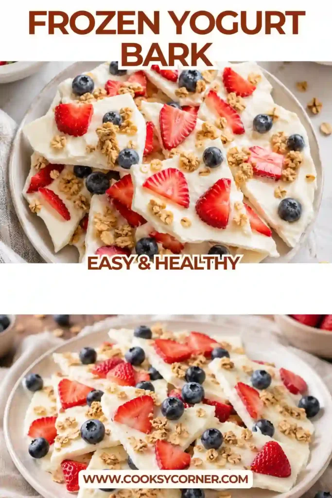 Homemade Frozen Yogurt Bark broken into bite-sized pieces with colorful berries and granola on top. The frozen yogurt has a smooth, creamy appearance.