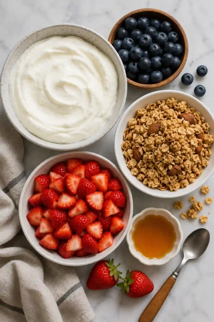 A platter of Frozen Yogurt Bark decorated with strawberries, blueberries, and granola served straight from the freezer. The colorful bark is broken into rustic pieces.