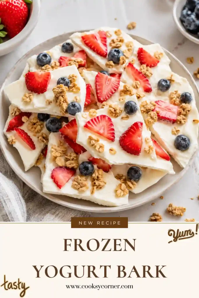 Pieces of Frozen Yogurt Bark topped with fresh strawberries, blueberries, and crunchy granola arranged on a white serving platter. The yogurt bark has a creamy texture with colorful fruit throughout.