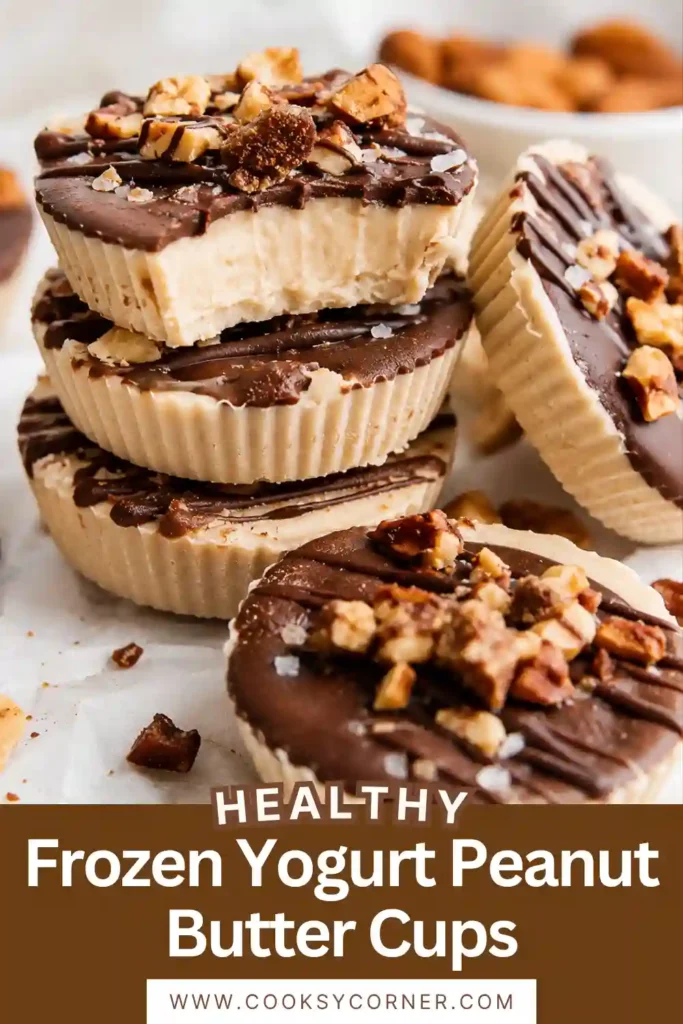 2. Homemade Frozen Yogurt Peanut Butter Cups featuring layers of granola, protein-rich yogurt filling, and chocolate topping. A delicious no-bake freezer snack for any time of day.