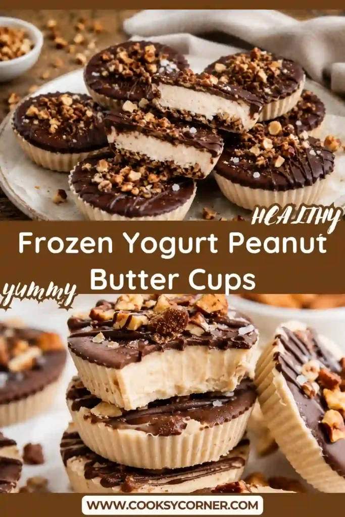 1. Creamy Frozen Yogurt Peanut Butter Cups topped with melted chocolate and flaky sea salt on a serving plate. This healthy frozen dessert is made with Greek yogurt, peanut butter, and crunchy granola.