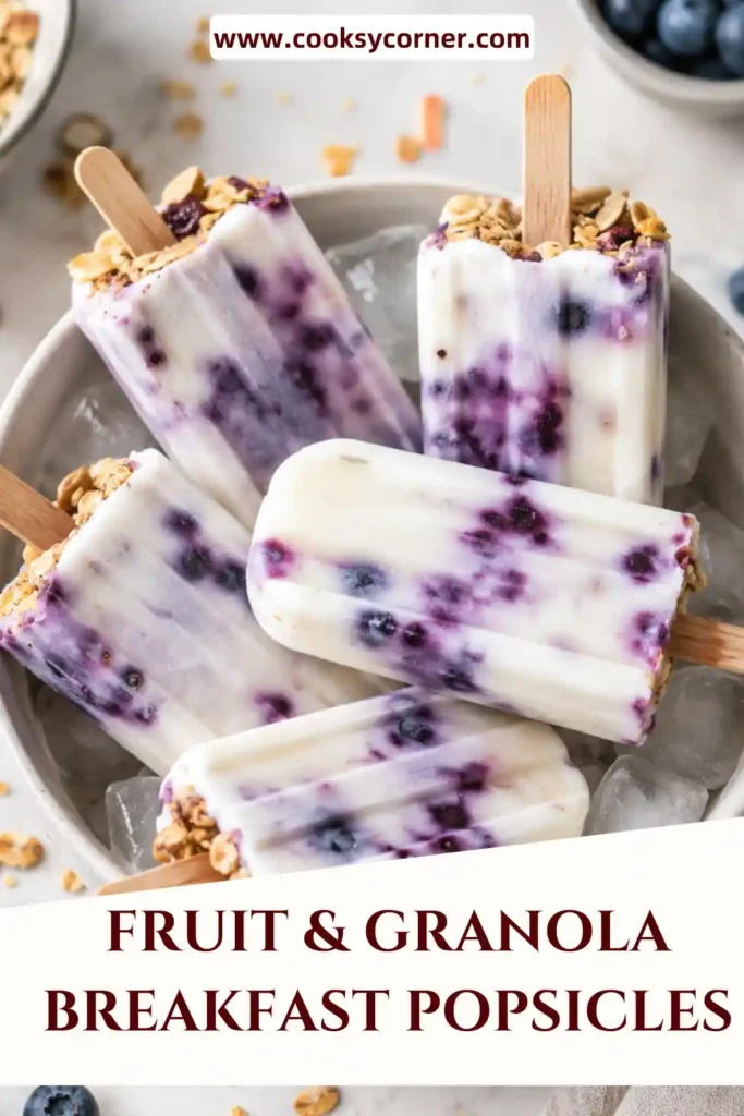 Homemade Fruit & Granola Breakfast Popsicles filled with berries and crunchy granola. Creamy yogurt creates a delicious frozen breakfast packed with protein.