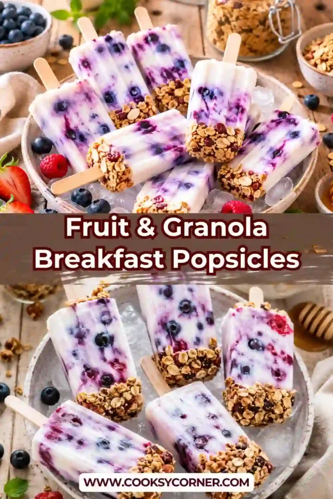 Healthy Fruit & Granola Breakfast Popsicles arranged on a serving plate with fresh fruit and granola. A refreshing Greek yogurt breakfast recipe for the whole family.