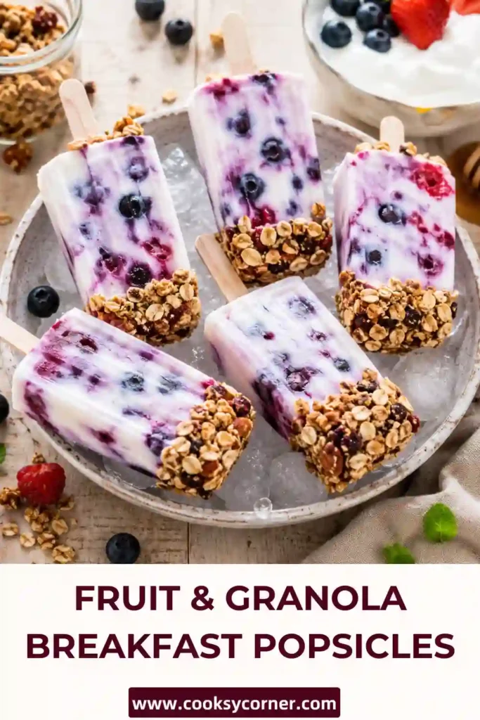 Fruit & Granola Breakfast Popsicles made with creamy Greek yogurt, almond milk, fresh berries, and crunchy granola. These healthy frozen breakfast popsicles are colorful, nutritious, and perfect for busy mornings.