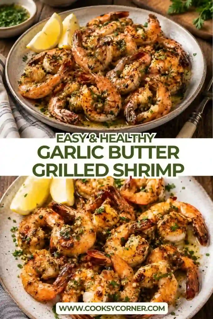Close-up of grilled shrimp skewers glazed with garlic butter and sprinkled with parsley on a rustic serving board.
