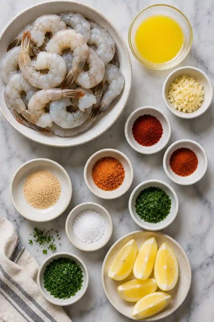 Golden grilled shrimp skewers brushed with garlic butter and garnished with parsley and lemon wedges on a serving plate.