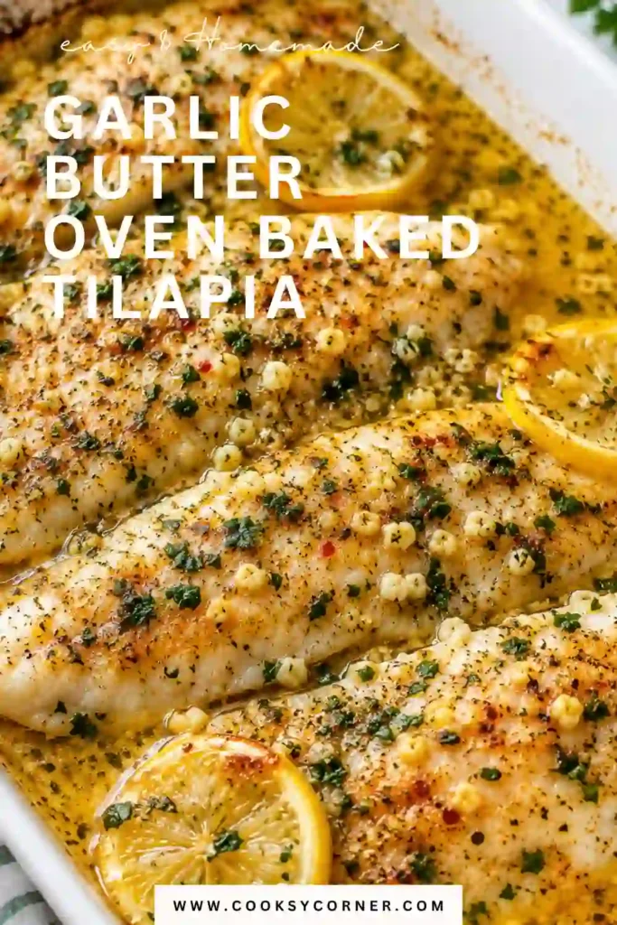Tender oven baked tilapia with buttery garlic sauce, paprika, thyme, and oregano. Served fresh from the baking dish with lemon garnish.