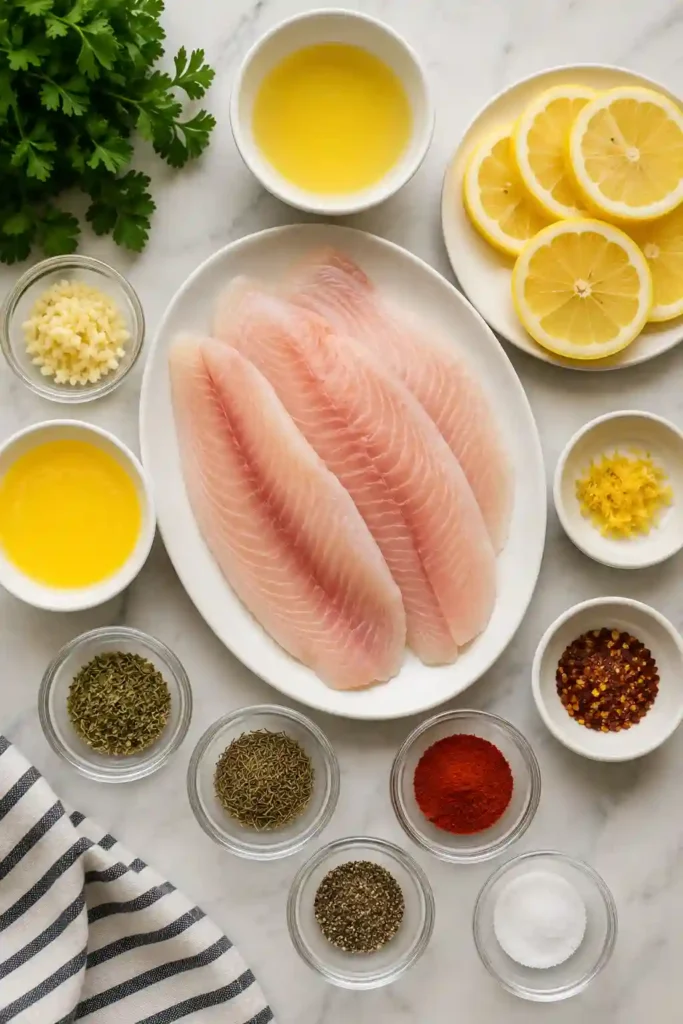 Healthy Garlic Butter Oven Baked Tilapia paired with fresh herbs and citrus. A simple baked white fish recipe perfect for weeknight dinners.
