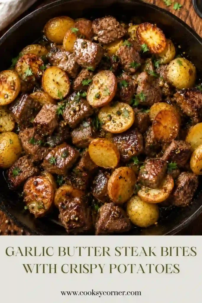 Tender sirloin steak bites tossed in garlic butter alongside golden crispy potatoes for an easy one-pan dinner.