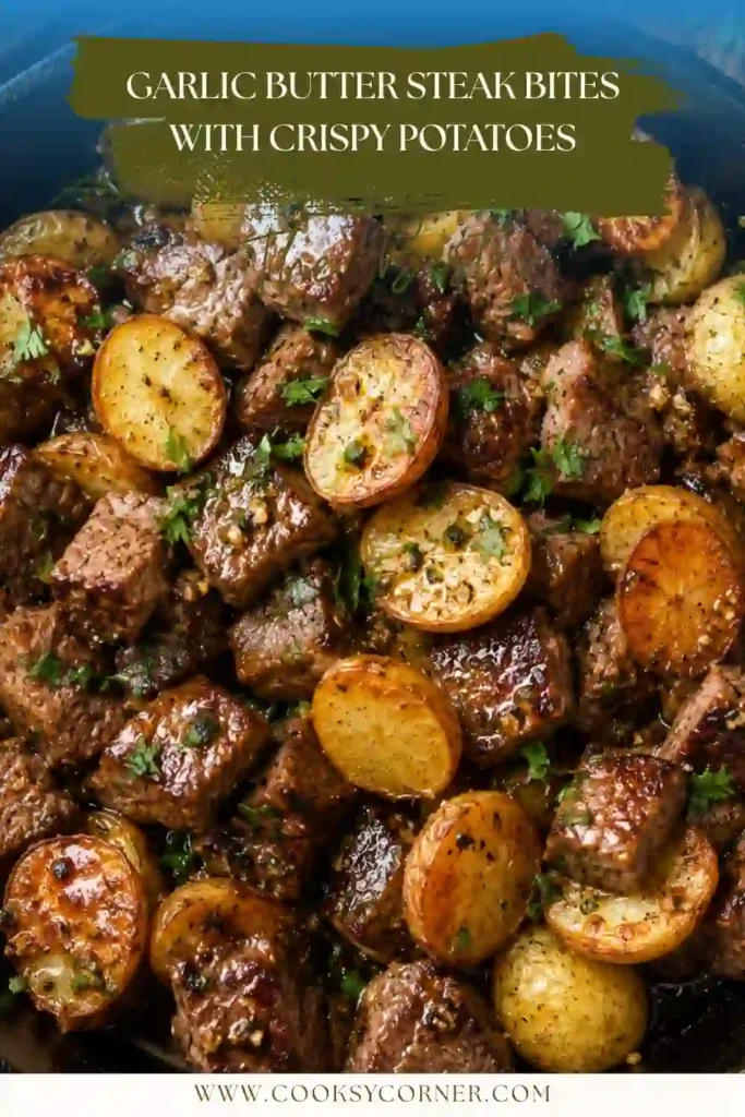 Homemade Garlic Butter Steak Bites served with roasted baby potatoes and fresh thyme in a rustic skillet.