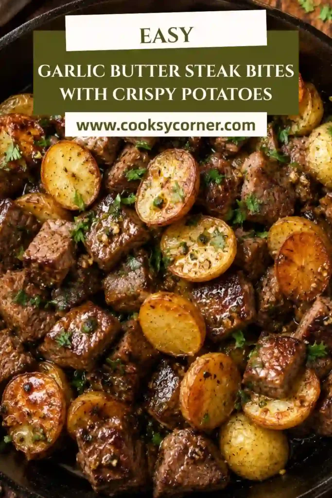 Garlic Butter Steak Bites with crispy roasted baby potatoes cooked in a cast-iron skillet and garnished with fresh parsley.