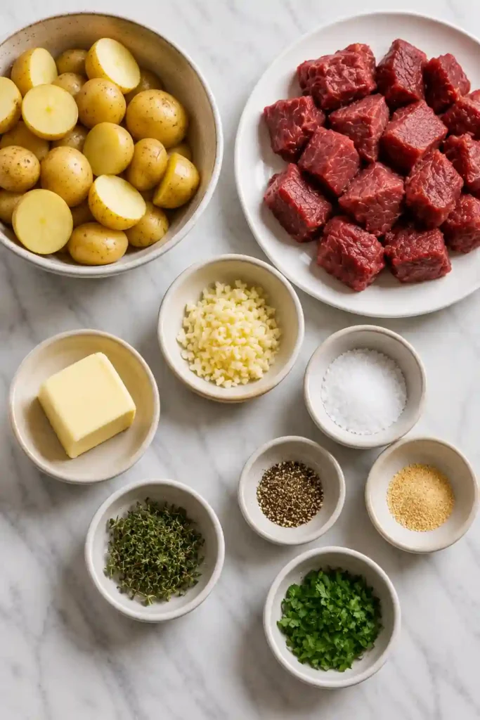 One-pan Garlic Butter Steak Bites with Crispy Potatoes featuring juicy steak, buttery garlic sauce, and golden roasted potatoes.
