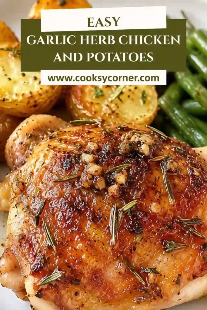 Golden roasted chicken thighs with crispy skin and herb-seasoned potatoes arranged in a cast iron skillet. This Garlic Herb Chicken and Potatoes recipe is hearty, comforting, and easy to prepare.