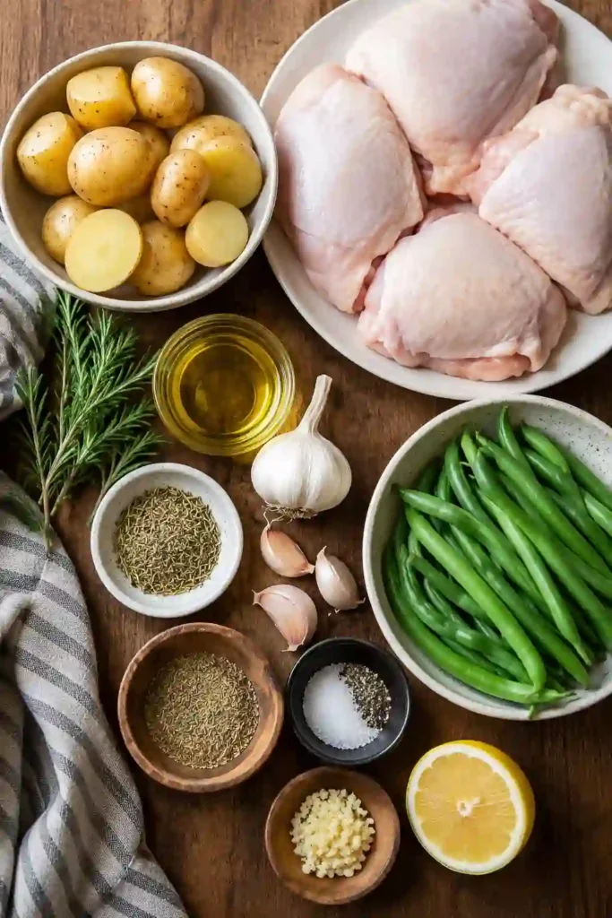 One pan Garlic Herb Chicken and Potatoes featuring roasted baby potatoes, fresh garlic, and fragrant herbs. A wholesome baked chicken dinner ready in under an hour.