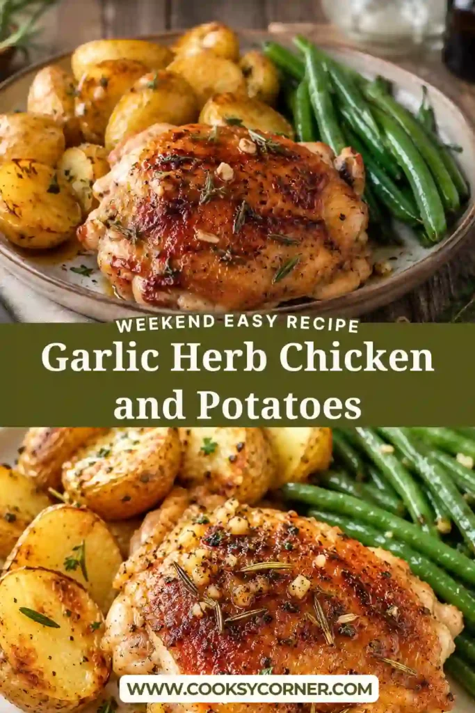 Juicy baked chicken thighs roasted alongside tender baby potatoes with garlic, rosemary, thyme, and oregano. A flavorful Garlic Herb Chicken and Potatoes recipe for weeknight dinners.