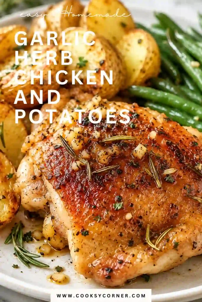 Garlic Herb Chicken and Potatoes served in a cast iron skillet with crispy golden chicken thighs and roasted baby potatoes coated in fresh herbs and garlic. This easy one pan chicken dinner is perfect for family meals.