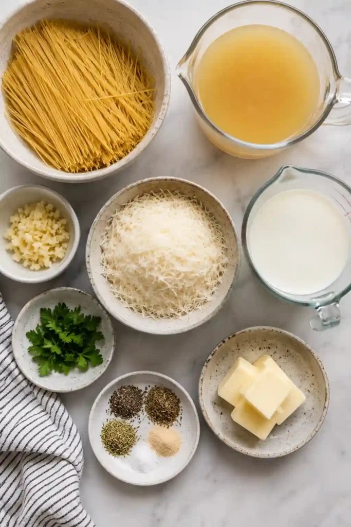 One pot Garlic Parmesan Pasta topped with fresh parsley and grated Parmesan cheese. A quick and simple pasta recipe with rich, creamy flavor.
