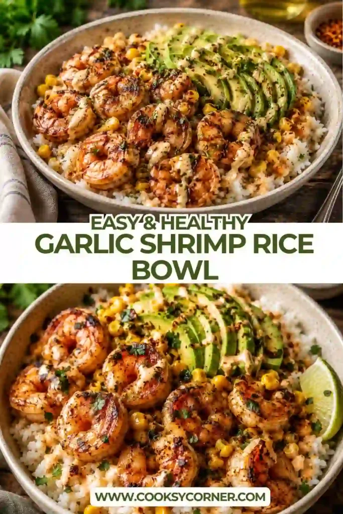 Close-up of a Garlic Shrimp Rice Bowl featuring juicy grilled shrimp served over rice with avocado corn salsa, cherry tomatoes, red onion, and lime. A fresh and flavorful shrimp rice bowl recipe.