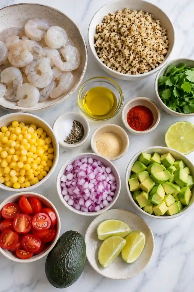 Fresh Garlic Shrimp Rice Bowl with grilled shrimp, fluffy rice, avocado, sweet corn, cherry tomatoes, and cilantro arranged in a vibrant serving bowl. A wholesome shrimp and rice meal bursting with flavor.