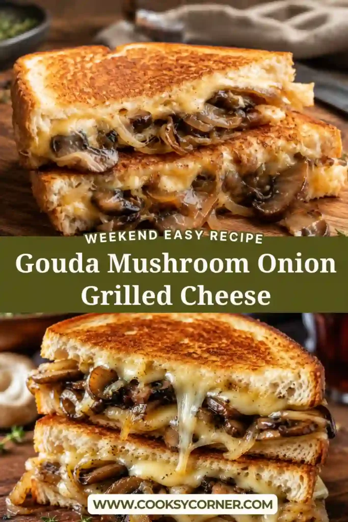 2. Close-up of a Gouda grilled cheese sandwich with mushrooms and onions melting between crisp toasted slices. The sandwich is warm, cheesy, and freshly cooked.