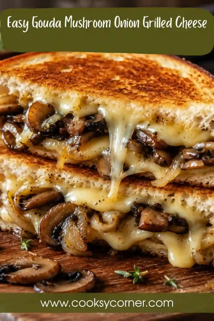 1. A golden Gouda Mushroom Onion Grilled Cheese sandwich filled with melted Gouda, sautéed mushrooms, and caramelized onions. Crispy buttery bread creates the perfect crunchy texture.