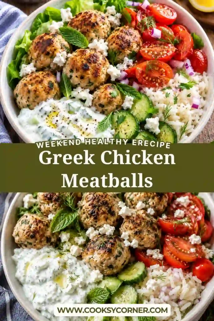 Juicy Mediterranean chicken meatballs in a healthy bowl with fresh vegetables, crumbled feta, and homemade tzatziki.