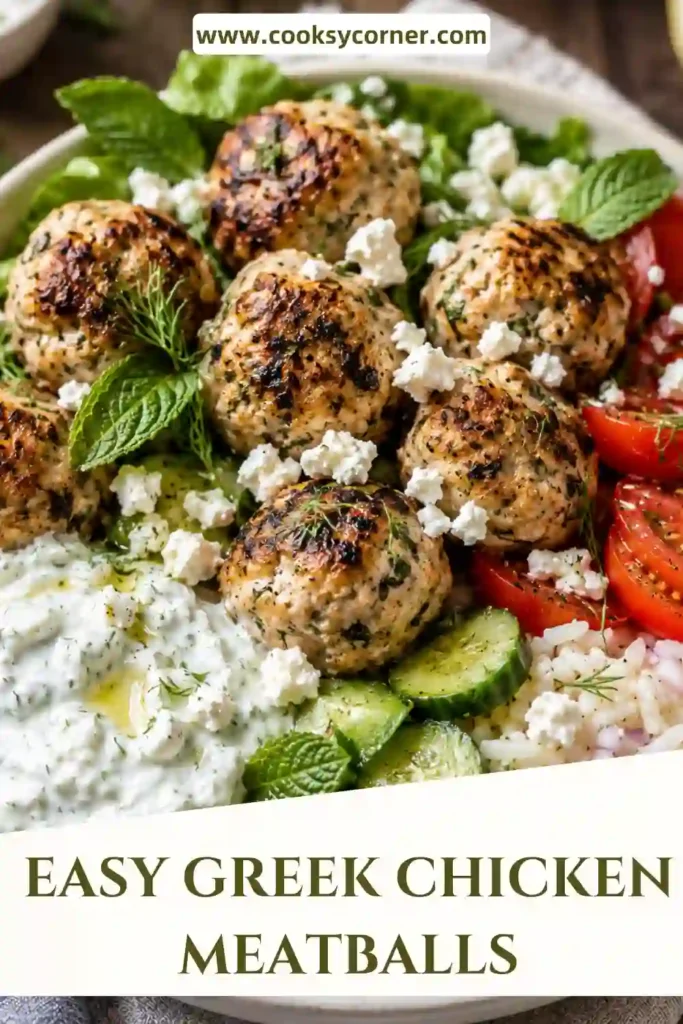 Greek Chicken Meatballs served over rice with romaine lettuce, cucumber, tomatoes, feta cheese, and creamy tzatziki sauce.