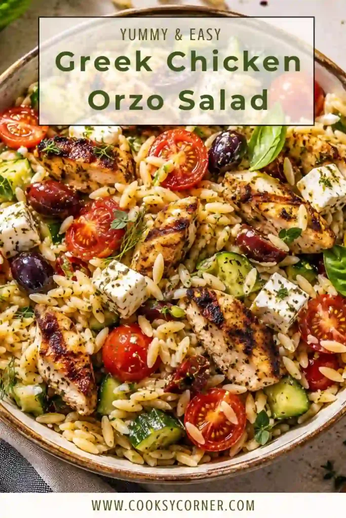 Mediterranean-inspired chicken orzo salad featuring tender pasta, grilled chicken, roasted peppers, olives, and fresh herbs tossed in a light lemon dressing. Perfect for lunch or dinner.