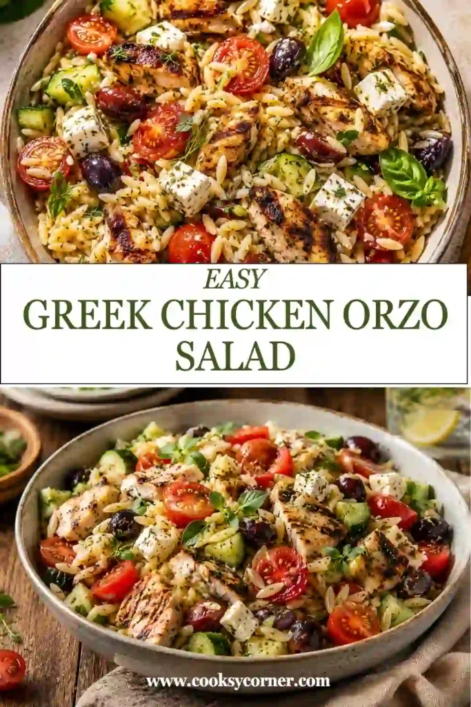 Fresh Greek Chicken Orzo Salad served with juicy grilled chicken, creamy feta, cherry tomatoes, cucumbers, and homemade herb dressing. This Mediterranean pasta salad is vibrant and full of flavor.