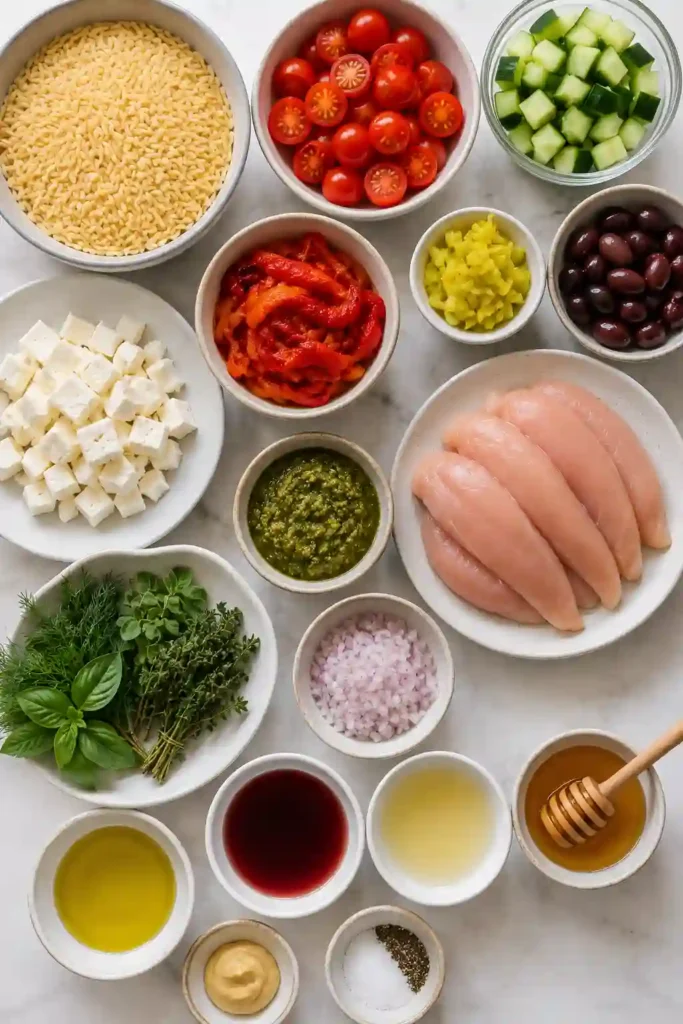 Healthy Greek Chicken Orzo Salad with colorful vegetables, feta cheese, and juicy grilled chicken mixed with tender orzo and a fresh herb vinaigrette. Ideal for meal prep and summer gatherings.