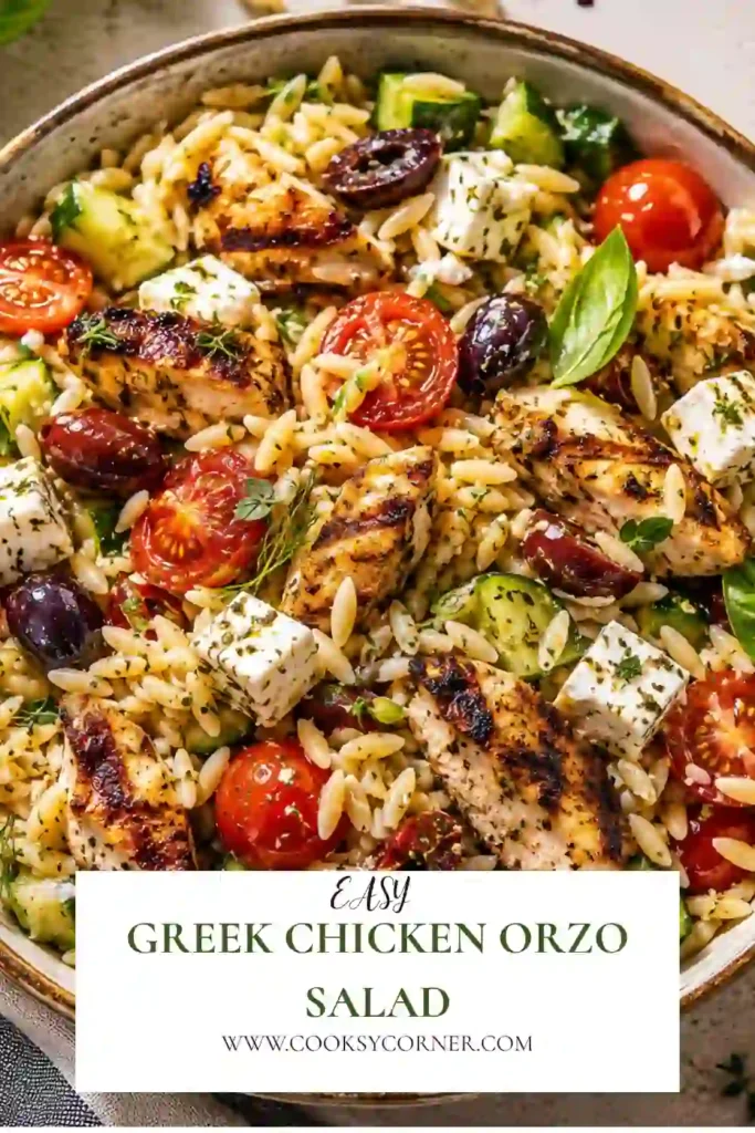 A bowl of Greek Chicken Orzo Salad filled with grilled chicken, tender orzo, feta cheese, cucumbers, tomatoes, Kalamata olives, roasted peppers, and fresh herbs. The colorful Mediterranean ingredients create a fresh and satisfying meal.