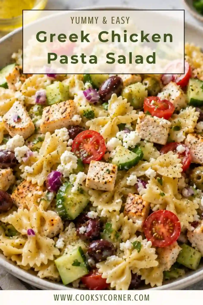 Healthy chicken pasta salad featuring grilled chicken, colorful vegetables, feta cheese, olives, and farfalle pasta in a tangy Greek dressing. A refreshing summer pasta salad everyone will love.