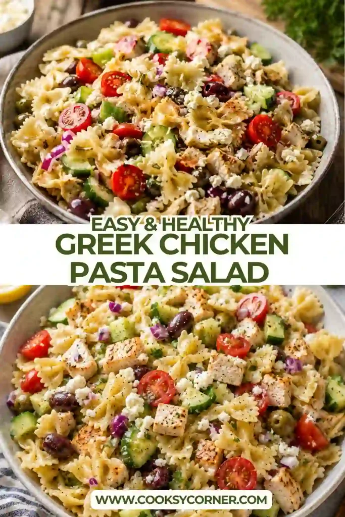 Fresh Greek Chicken Pasta Salad served with juicy grilled chicken, crisp vegetables, creamy feta cheese, and homemade Greek vinaigrette. An easy Mediterranean pasta salad perfect for lunch or dinner.