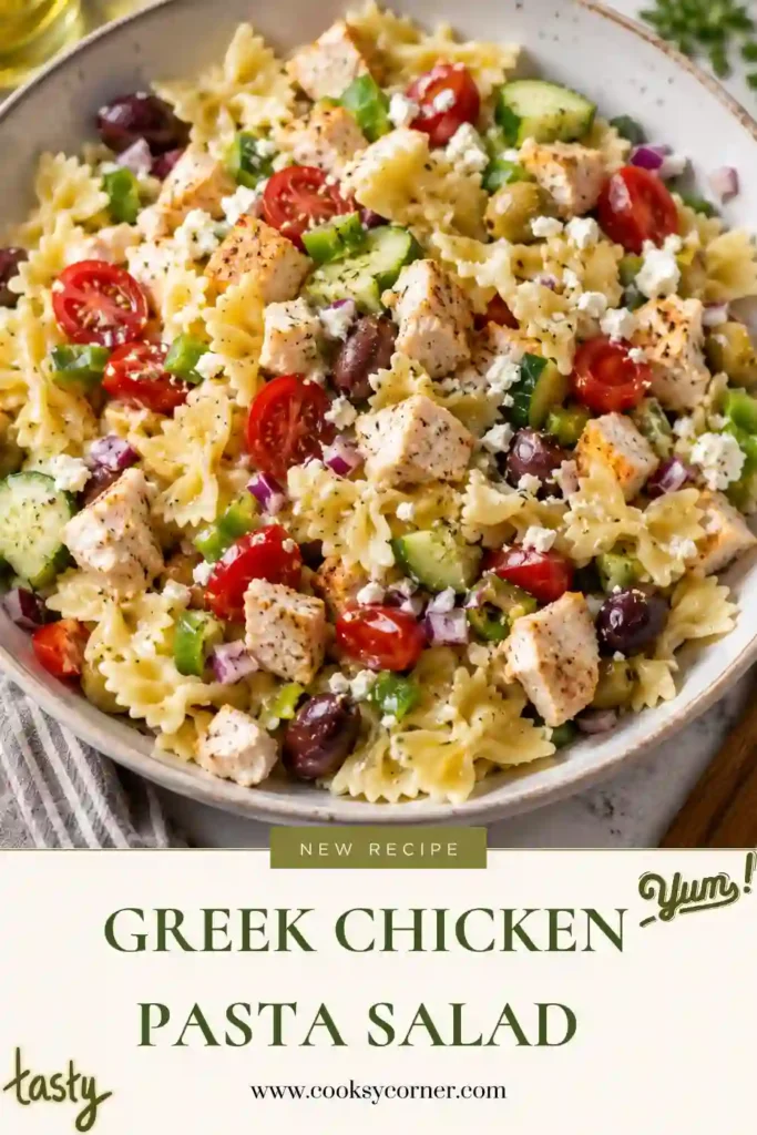 A bowl of Greek Chicken Pasta Salad Recipe filled with grilled chicken, farfalle pasta, cucumbers, tomatoes, olives, colorful peppers, and crumbled feta cheese. Tossed in a homemade Mediterranean dressing for a fresh and vibrant meal.