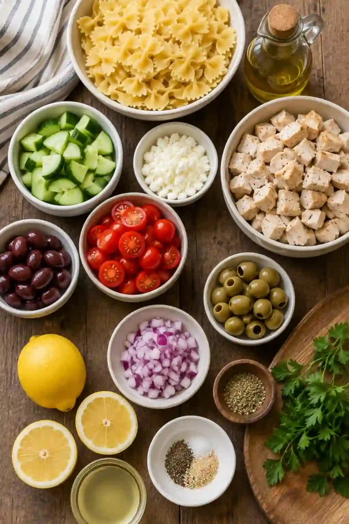 Mediterranean-inspired Greek Chicken Pasta Salad made with tender grilled chicken, fresh vegetables, feta cheese, and olive oil dressing. A wholesome and flavorful family meal.