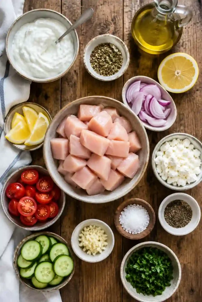 Homemade Greek Chicken Souvlaki featuring juicy grilled chicken skewers with Mediterranean herbs and lemon. Served with traditional Greek sides for a complete meal.