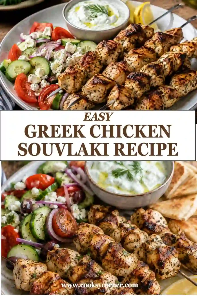 Tender Greek grilled chicken skewers marinated in lemon, garlic, and oregano with homemade tzatziki sauce. A flavorful Mediterranean meal for any occasion.