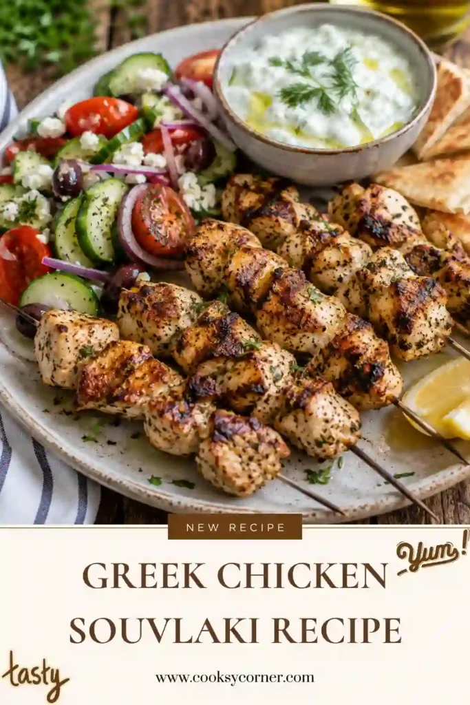 Juicy Greek Chicken Souvlaki skewers grilled until golden and served with creamy tzatziki, warm pita bread, and fresh vegetables. This easy Mediterranean chicken recipe is perfect for family dinners.