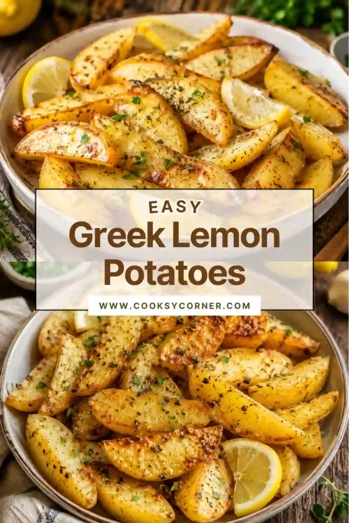 Close-up of roasted Greek Lemon Potatoes served with fresh herbs and pan juices. The potatoes have crispy golden edges and tender interiors.