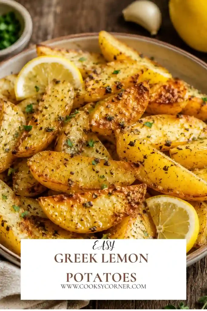 A baking tray filled with crispy Greek Lemon Potatoes tossed in olive oil, garlic, oregano, and fresh lemon juice. Perfect as a Mediterranean potato side dish.
