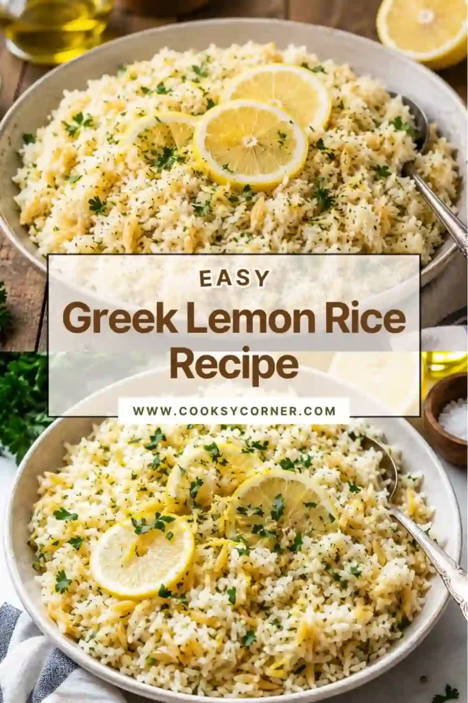 Greek Lemon Rice Recipe served warm with fresh herbs and lemon garnish. Every grain of basmati rice is fluffy and infused with Mediterranean flavors.