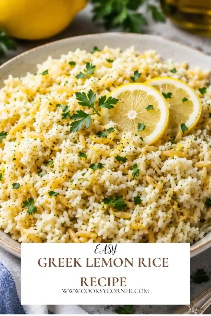 Freshly prepared Greek Lemon Rice Recipe featuring tender basmati rice, golden toasted orzo, chopped parsley, and lemon slices. The vibrant citrus aroma makes this Greek side dish especially inviting.