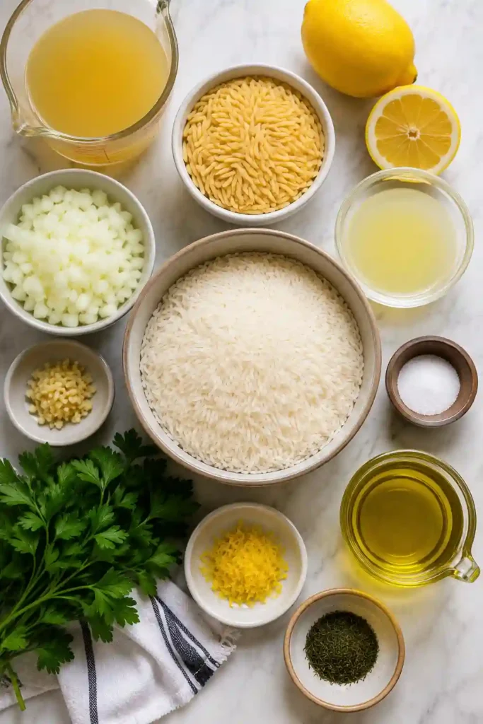 Mediterranean Greek Lemon Rice Recipe in a serving bowl with toasted orzo, parsley, dill, and lemon zest. A bright, easy Greek rice recipe perfect for any meal.