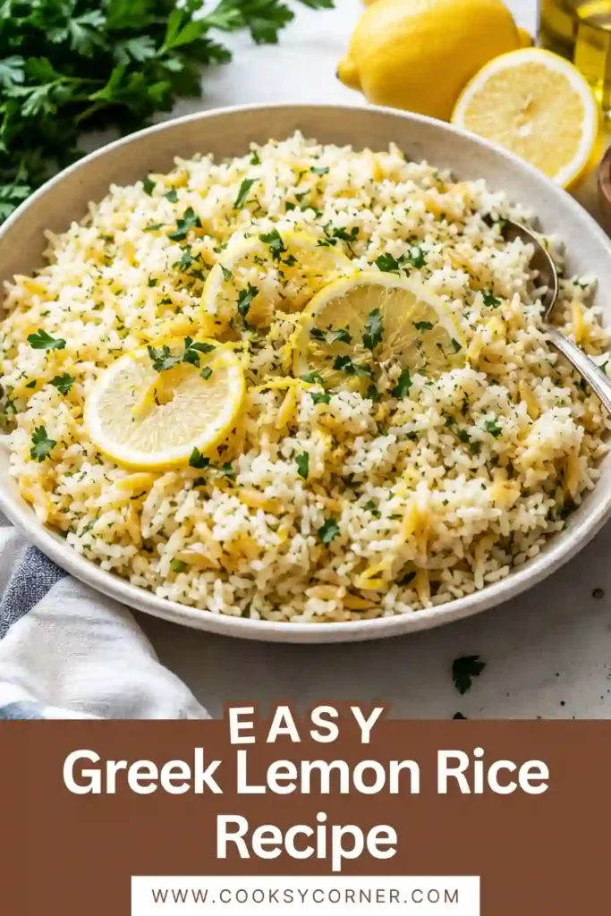 A bowl of fluffy Greek Lemon Rice Recipe made with basmati rice, toasted orzo, fresh parsley, dill, and bright lemon zest. This Mediterranean rice recipe is light, flavorful, and perfect as a side dish.