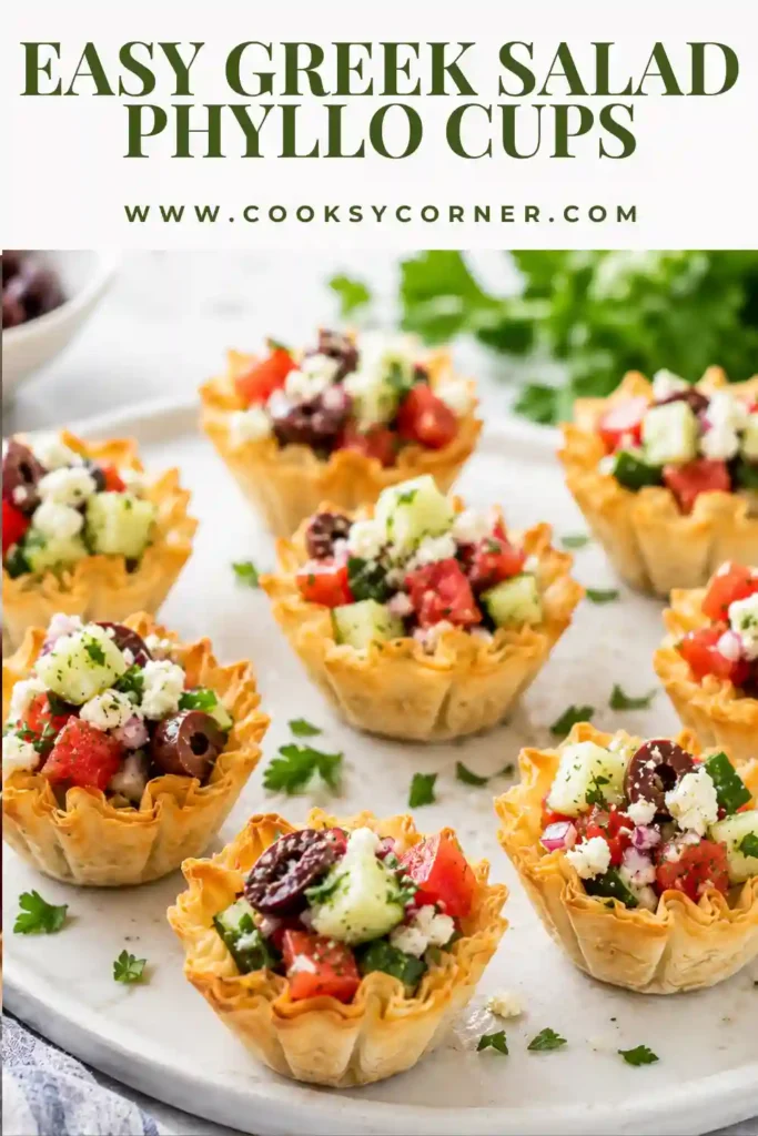Fresh Greek Salad Phyllo Cups arranged on a serving platter with flaky pastry shells, creamy feta filling, cucumber, herbs, and roasted peppers. Perfect for parties and holiday entertaining.