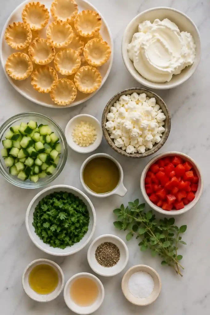 Beautiful Greek Salad Phyllo Cups featuring creamy feta filling and fresh vegetables inside flaky pastry shells. A simple yet elegant appetizer for any celebration.