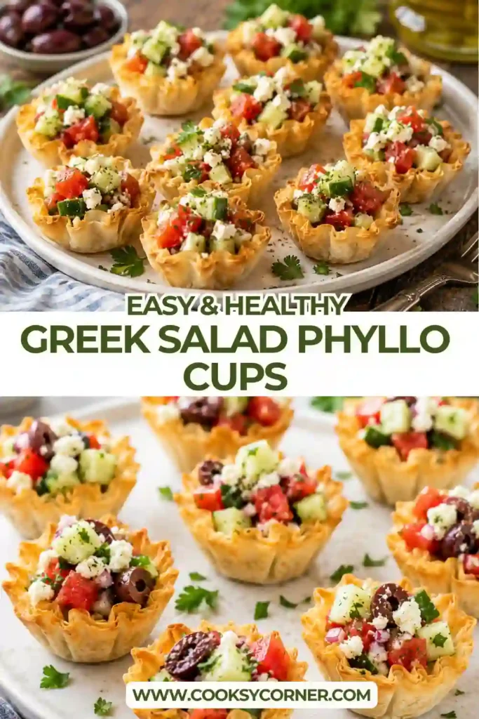 Crispy mini phyllo shells stuffed with whipped feta cheese and topped with a vibrant Greek salad mixture. An easy Mediterranean appetizer ready in just 20 minutes.