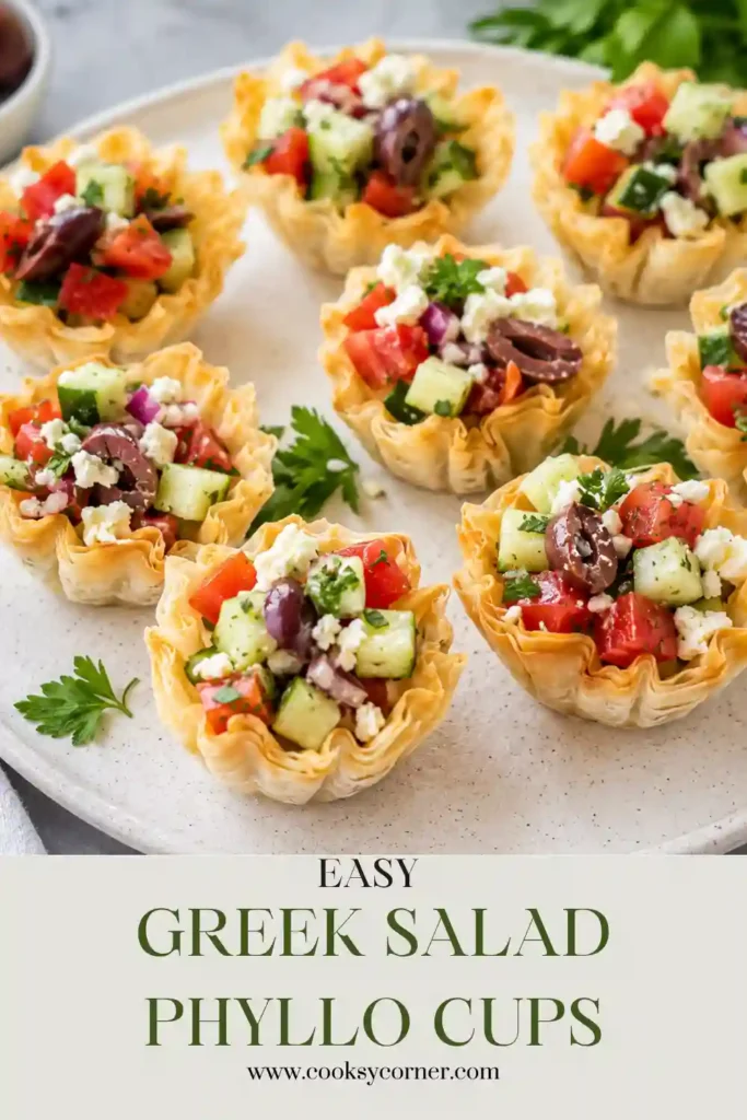 Golden Greek Salad Phyllo Cups filled with creamy whipped feta and topped with fresh cucumber, roasted red peppers, parsley, and oregano. A colorful Mediterranean appetizer served in crispy mini phyllo shells.