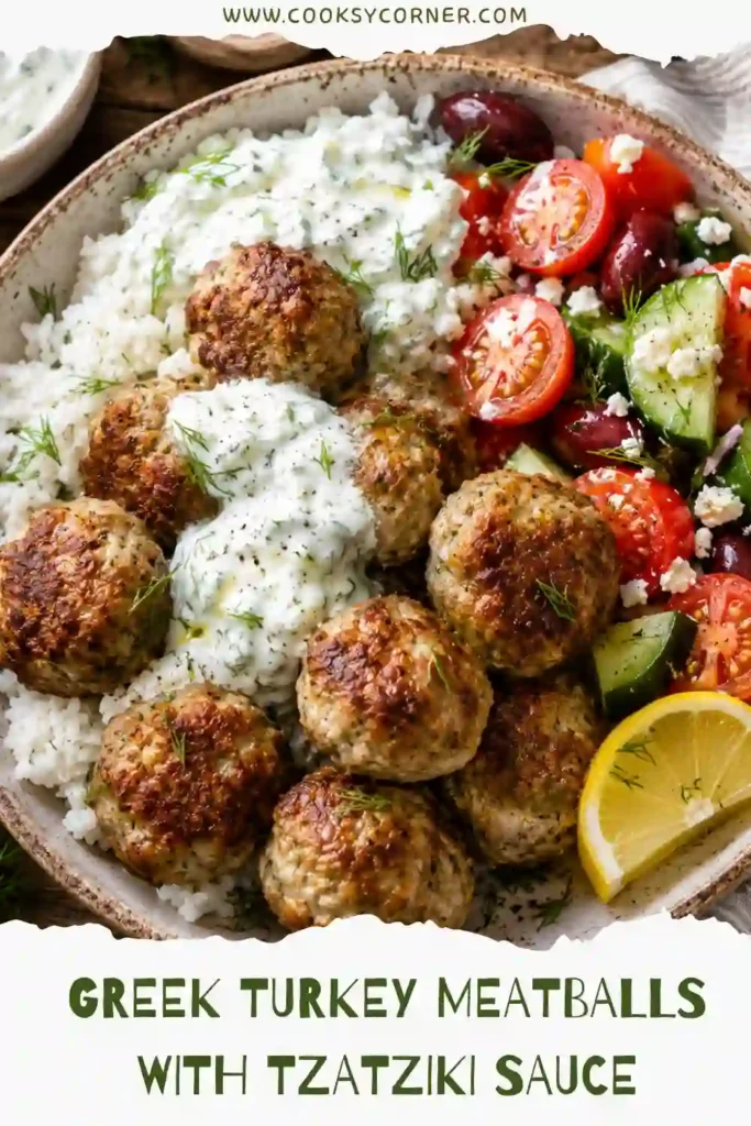 3. Close-up of tender Greek turkey meatballs garnished with parsley and served with cool yogurt cucumber sauce and warm pita bread.