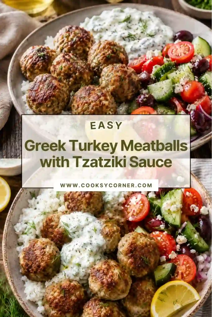 2. Juicy baked turkey meatballs made with feta cheese and herbs alongside a bowl of fresh tzatziki sauce. A healthy Mediterranean-inspired dinner.